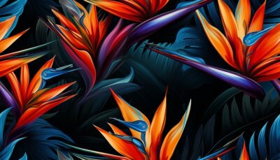 Papier peint  Exotic tropical flowers bird of paradise (strelitzia) red color blue palm leaves dark night jungle background