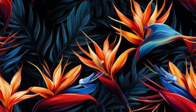 Papier peint  Exotic tropical flowers bird of paradise (strelitzia) red color blue palm leaves dark night jungle background