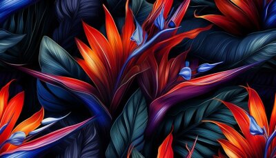 Papier peint  Exotic tropical flowers bird of paradise (strelitzia) red color blue palm leaves dark night jungle background
