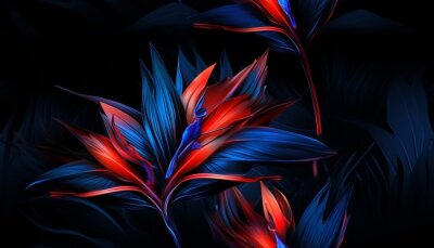 Papier peint  Exotic tropical flowers bird of paradise (strelitzia) red color blue palm leaves dark night jungle background