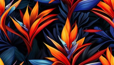 Papier peint  Exotic tropical flowers bird of paradise (strelitzia) red color blue palm leaves dark night jungle background