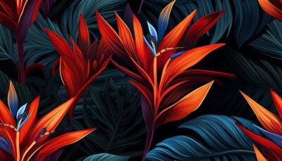 Papier peint  Exotic tropical flowers bird of paradise (strelitzia) red color blue palm leaves dark night jungle background