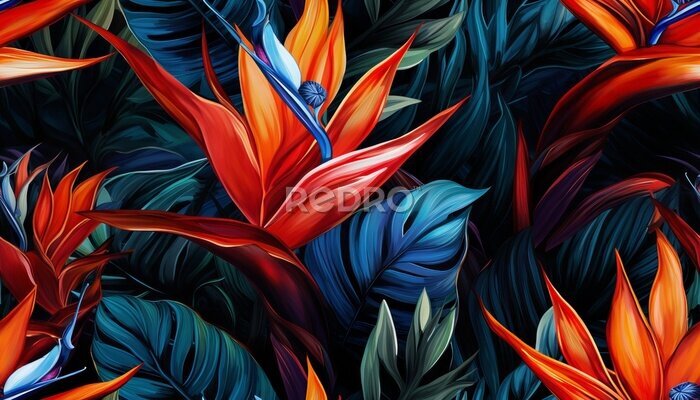 Papier peint  Exotic tropical flowers bird of paradise (strelitzia) red color blue palm leaves dark night jungle background