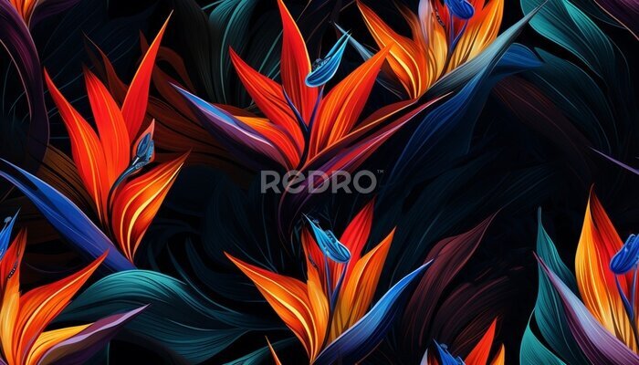 Papier peint  Exotic tropical flowers bird of paradise (strelitzia) red color blue palm leaves dark night jungle background