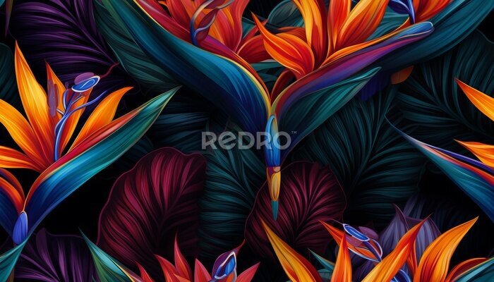 Papier peint  Exotic tropical flowers bird of paradise (strelitzia) red color blue palm leaves dark night jungle background