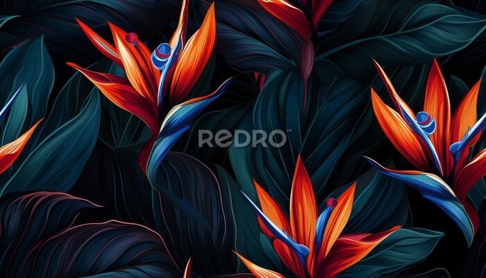 Papier peint  Exotic tropical flowers bird of paradise (strelitzia) red color blue palm leaves dark night jungle background