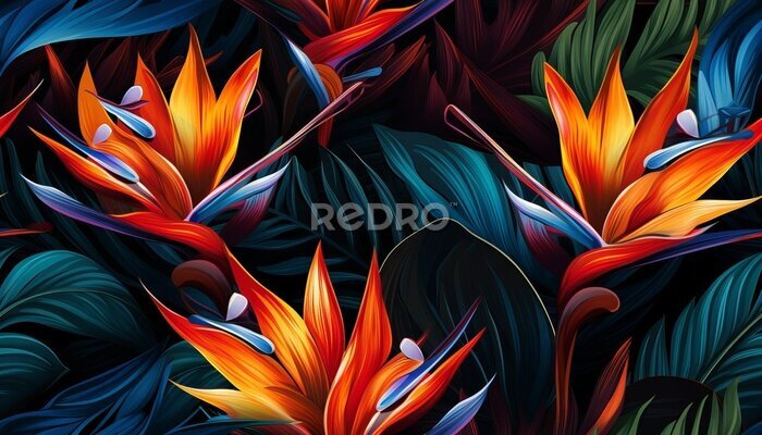 Papier peint  Exotic tropical flowers bird of paradise (strelitzia) red color blue palm leaves dark night jungle background