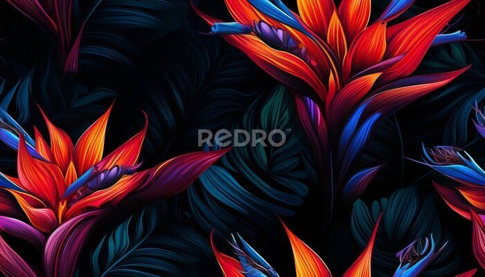 Papier peint  Exotic tropical flowers bird of paradise (strelitzia) red color blue palm leaves dark night jungle background