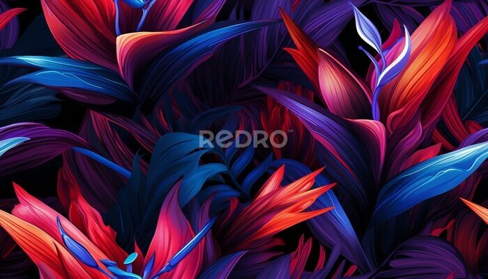 Papier peint  Exotic tropical flowers bird of paradise (strelitzia) red color blue palm leaves dark night jungle background