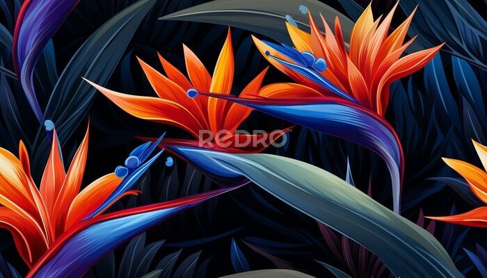Papier peint  Exotic tropical flowers bird of paradise (strelitzia) red color blue palm leaves dark night jungle background