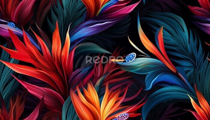 Papier peint  Exotic tropical flowers bird of paradise (strelitzia) red color blue palm leaves dark night jungle background