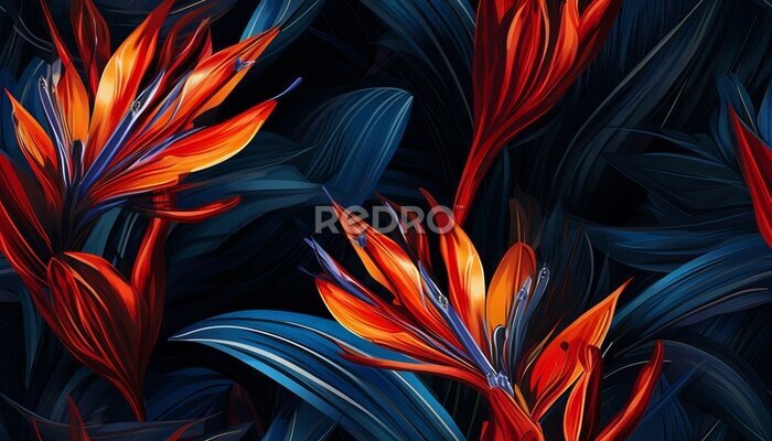 Papier peint  Exotic tropical flowers bird of paradise (strelitzia) red color blue palm leaves dark night jungle background