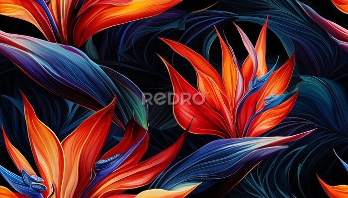 Papier peint  Exotic tropical flowers bird of paradise (strelitzia) red color blue palm leaves dark night jungle background
