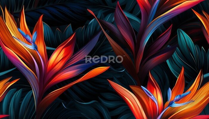 Papier peint  Exotic tropical flowers bird of paradise (strelitzia) red color blue palm leaves dark night jungle background