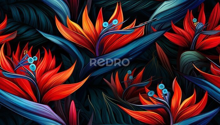 Papier peint  Exotic tropical flowers bird of paradise (strelitzia) red color blue palm leaves dark night jungle background