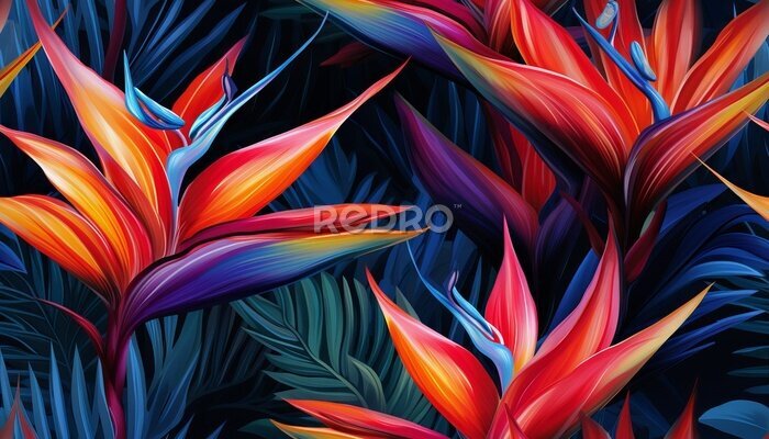 Papier peint  Exotic tropical flowers bird of paradise (strelitzia) red color blue palm leaves dark night jungle background