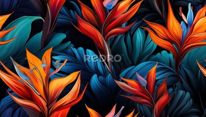 Papier peint  Exotic tropical flowers bird of paradise (strelitzia) red color blue palm leaves dark night jungle background