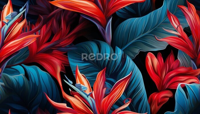 Papier peint  Exotic tropical flowers bird of paradise (strelitzia) red color blue palm leaves dark night jungle background