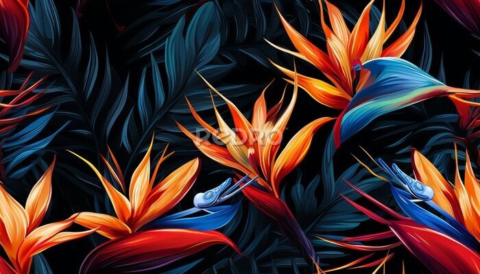 Papier peint  Exotic tropical flowers bird of paradise (strelitzia) red color blue palm leaves dark night jungle background
