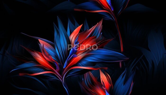 Papier peint  Exotic tropical flowers bird of paradise (strelitzia) red color blue palm leaves dark night jungle background