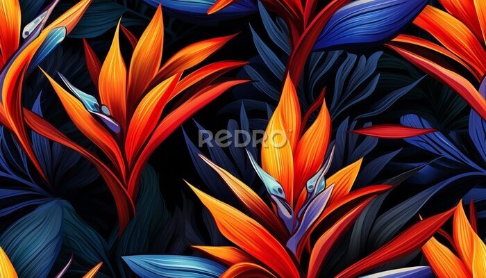 Papier peint  Exotic tropical flowers bird of paradise (strelitzia) red color blue palm leaves dark night jungle background