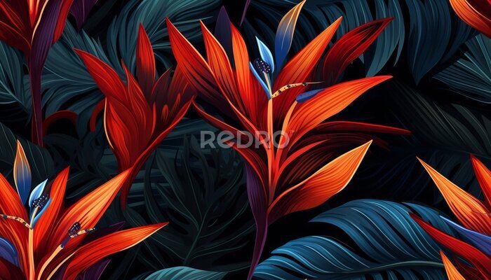 Papier peint  Exotic tropical flowers bird of paradise (strelitzia) red color blue palm leaves dark night jungle background
