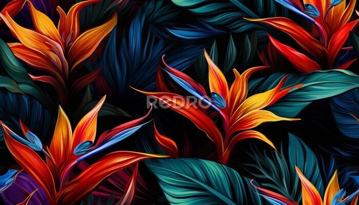 Papier peint  Exotic tropical flowers bird of paradise (strelitzia) red color blue palm leaves dark night jungle background