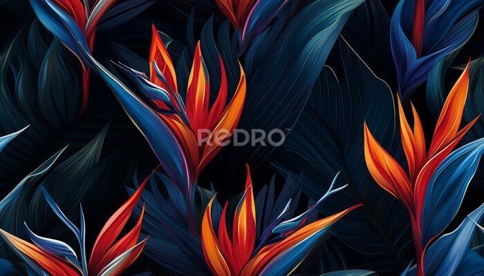 Papier peint  Exotic tropical flowers bird of paradise (strelitzia) red color blue palm leaves dark night jungle background