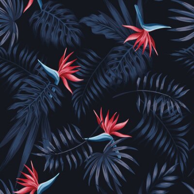 Papier peint  Exotic tropical flowers bird of paradise (strelitzia) red color blue palm leaves dark night jungle background seamless vector pattern beach illustration