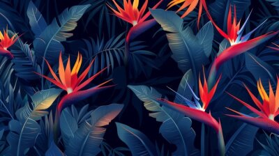 Papier peint  Exotic tropical flowers bird of paradise (strelitzia) red color blue palm leaves dark night jungle background seamless vector pattern beach illustration
