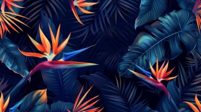 Papier peint  Exotic tropical flowers bird of paradise (strelitzia) red color blue palm leaves dark night jungle background seamless vector pattern beach illustration 