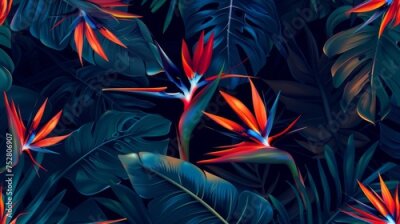 Papier peint  Exotic tropical flowers bird of paradise (strelitzia) red color blue palm leaves dark night jungle background seamless vector pattern beach illustration