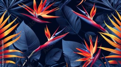 Papier peint  Exotic tropical flowers bird of paradise (strelitzia) red color blue palm leaves dark night jungle background seamless vector pattern beach illustration