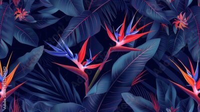 Papier peint  Exotic tropical flowers bird of paradise (strelitzia) red color blue palm leaves dark night jungle background seamless vector pattern beach illustration