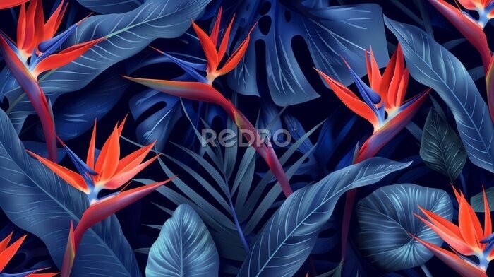 Papier peint  Exotic tropical flowers bird of paradise (strelitzia) red color blue palm leaves dark night jungle background seamless vector pattern beach illustration