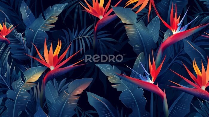 Papier peint  Exotic tropical flowers bird of paradise (strelitzia) red color blue palm leaves dark night jungle background seamless vector pattern beach illustration