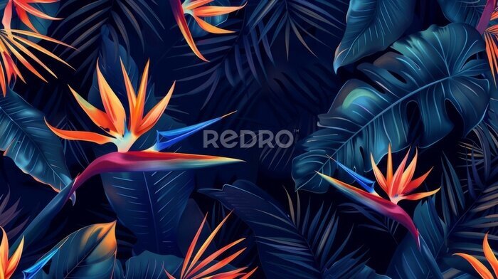 Papier peint  Exotic tropical flowers bird of paradise (strelitzia) red color blue palm leaves dark night jungle background seamless vector pattern beach illustration 