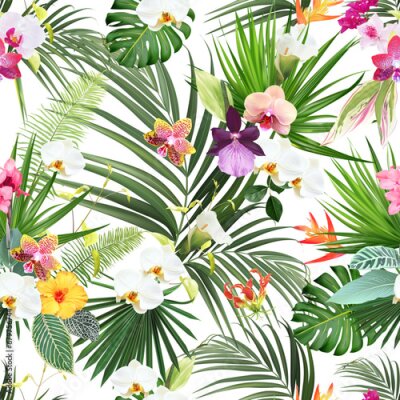 Papier peint  Exotic tropical flowers, orchid, strelitzia, hibiscus, canna, calla lily, palm, monstera leaves vector seamless pattern.