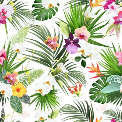 Papier peint  Exotic tropical flowers, orchid, strelitzia, hibiscus, canna, calla lily, palm, monstera leaves vector seamless pattern.