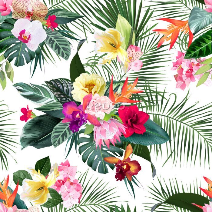 Papier peint  Exotic tropical flowers, orchid, strelitzia, hibiscus, protea, ylang-ylang, palm, monstera leaves vector seamless pattern. Jungle forest wedding design print. Island greenery. Isolated and editable