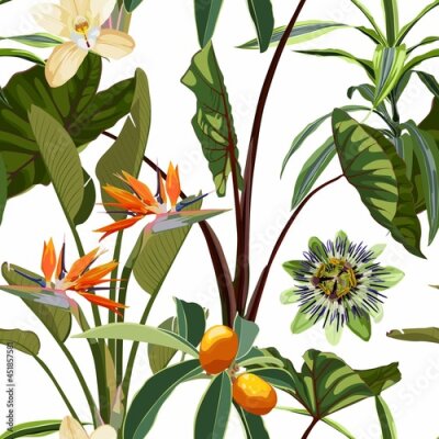 Papier peint  Exotic tropical natural green plant composition on white background. Beach seamless pattern wallpaper with orchid, strelitzia, passiflora flowers.