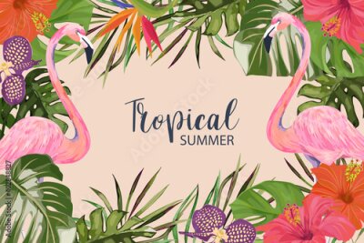 Papier peint  Exotic tropical palm leaves, strelitzia, orchid, hibiscus and flamingo. Frame border background. Summer vector illustration. Template for card