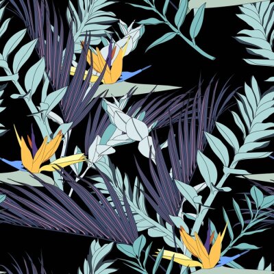 Papier peint  Exotic tropical palms and zamioculcas leaves with paradise strelitzia flowers, black background. Floral seamless pattern. 