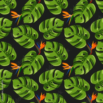 Papier peint  Exotic tropical seamless pattern with monstera leaves and strelitzia flowers . Botanical vector illustration in Hawaiian style. Design for printing card, poster, fabric, wallpaper, wrapping paper