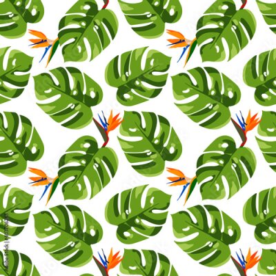 Papier peint  Exotic tropical seamless pattern with monstera leaves and strelitzia flowers . Botanical vector illustration in Hawaiian style. Design for printing card, poster, fabric, wallpaper, wrapping paper