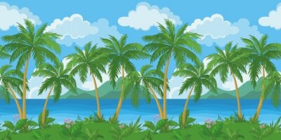 Papier peint  Exotique fond sans soudure, paysage tropical, l'île de la mer avec des palmiers verts et des fleurs et ciel nuageux. Vecto