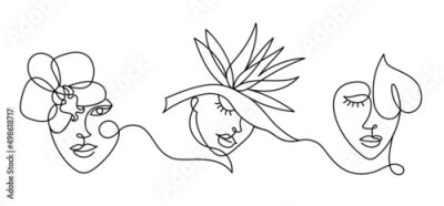 Papier peint  Face of an abstract woman with colorful shapes in a modern abstract minimalist one line style. Tropical strelitzia flower. Continuous black line simple drawing. Vector fashion illustration set.
