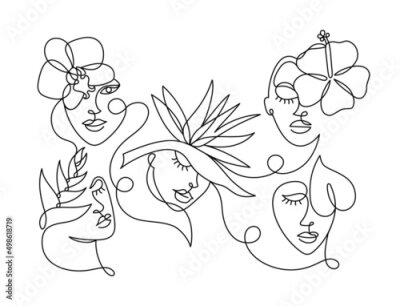 Papier peint  Face of an abstract woman with colorful shapes in a modern abstract minimalist one line style. Tropical strelitzia flower. Continuous black line simple drawing. Vector fashion illustration set.