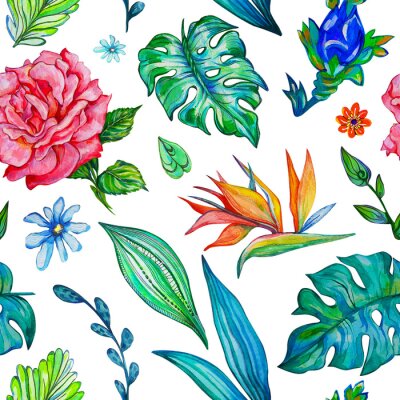 Papier peint  Fantastic seamless pattern flowers set with fabulous flowers and strelitzia and rose on white isolated background. 
