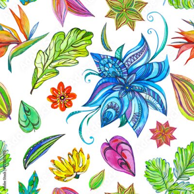 Papier peint  Fantastic seamless pattern flowers set with fabulous flowers and Strelitzia on isolated background.